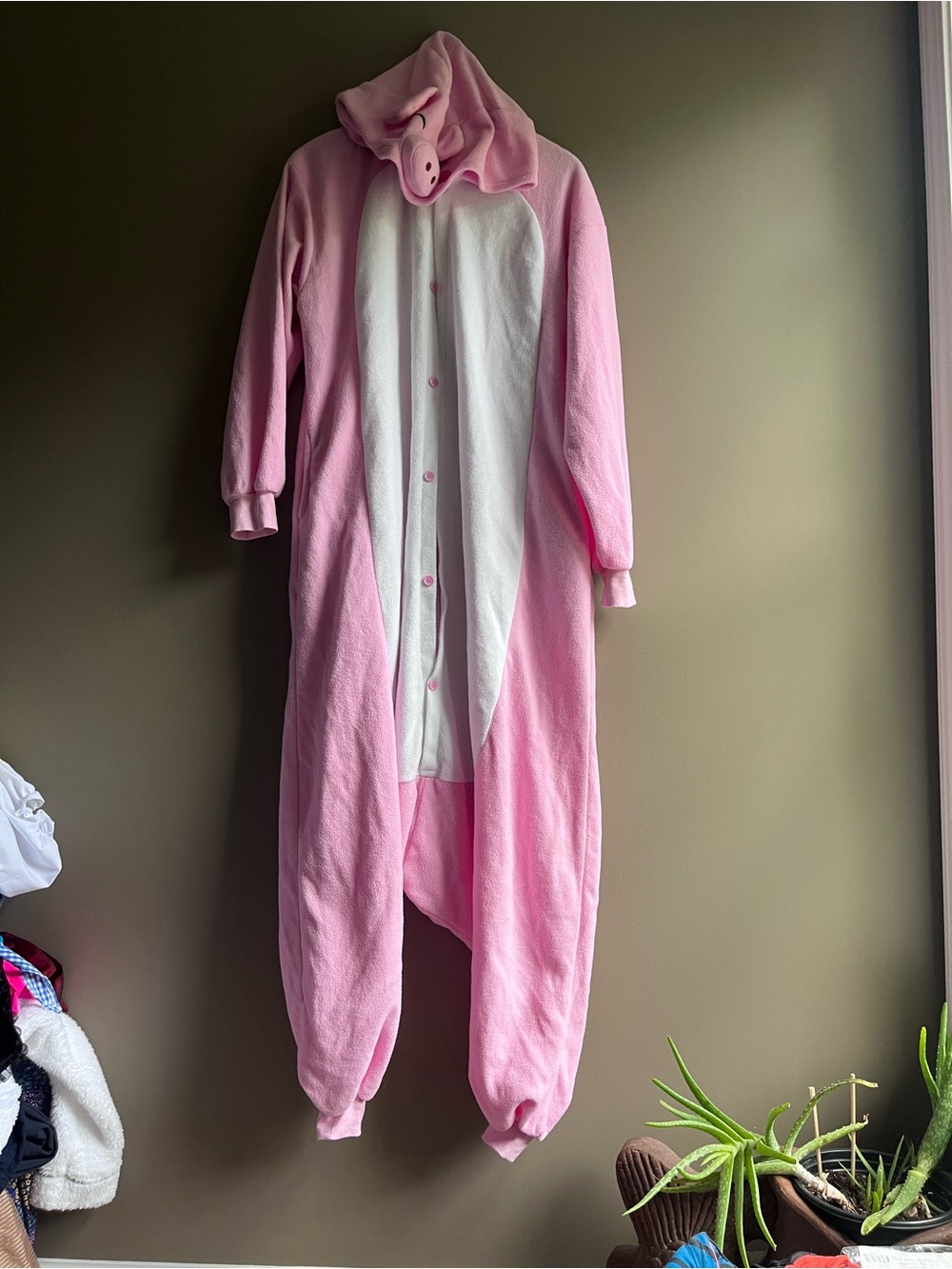 Men's Pink and White Hooded Fleece Pink Pig Costume Pajama Onesie Large